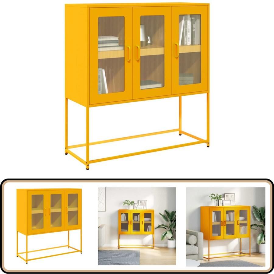 VidaXL Dressoir 100 5x39x107 cm Mosterdgeel Staal Dressoir Commode Opbergkast Keukenopstelling Salontafel