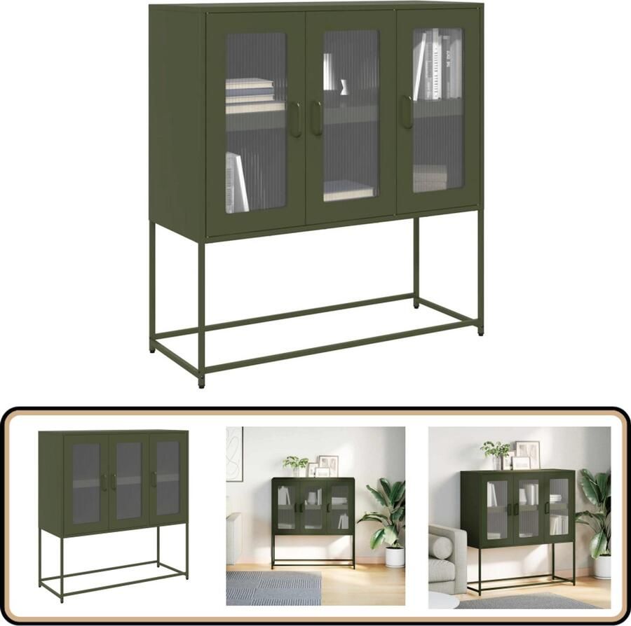 VidaXL Dressoir Olijfgroen Staal 100 5x39x107cm Dressoir Opbergkast Keukenmeubilair Salontafel Entreebank