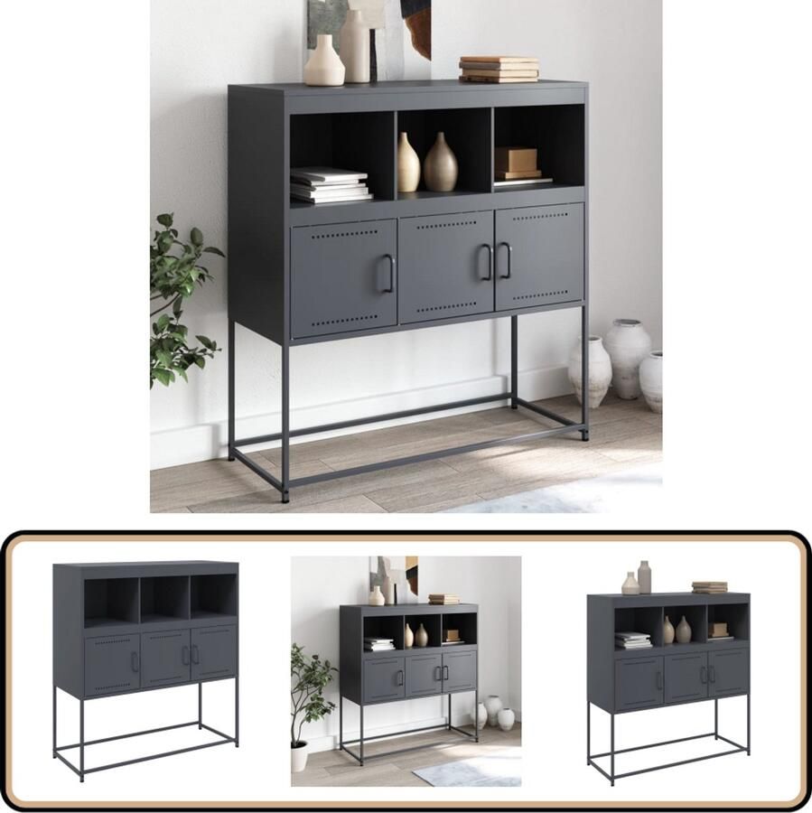 VidaXL Dressoir 100 5x39x107 cm Staal Antraciet Dressoir Staaldressingoir Opbergmeubilair Salontafel Tv-stand - Foto 2