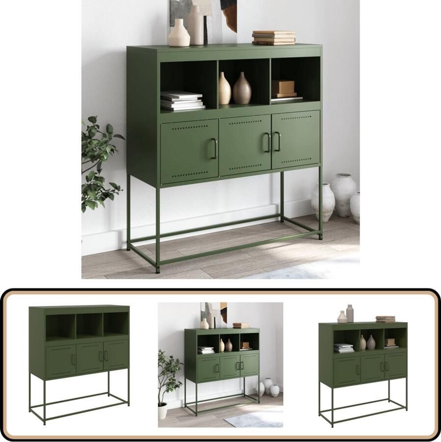 VidaXL Dressoir 100 5x39x107 cm Staal Olijfgroen Dressoir Stalen Dressoir Olijfgroene Dressoir Opbergkast Wandkast