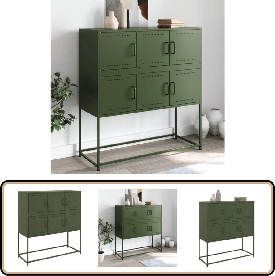 VidaXL Dressoir 100 5x39x107 cm staal olijfgroen Dressoir Vintage Dressoir Industrieel Dressoir Groen Dressoir Staaldressoir