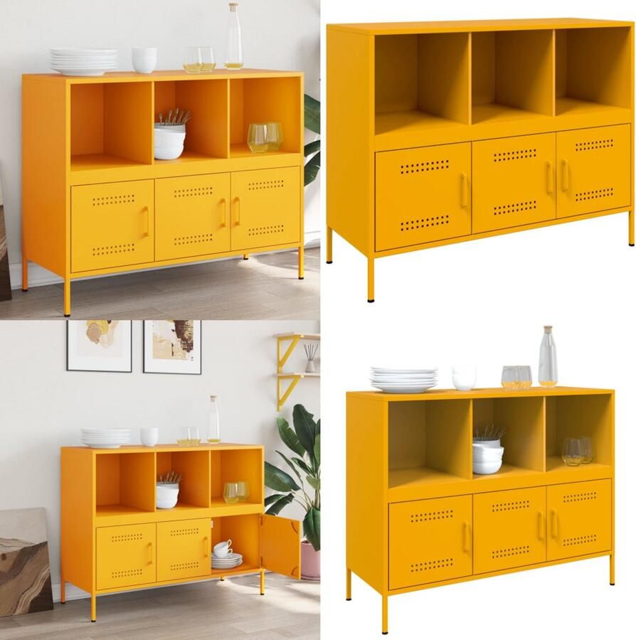 VidaXL Dressoir 100 5x39x79 cm staal mosterdgeel Dressoir Dressoirs Opbergkast Wandkast