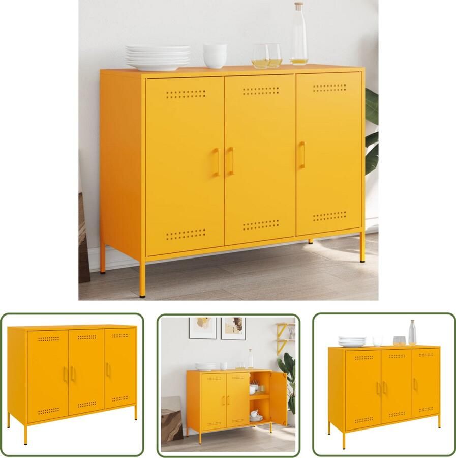 VidaXL Dressoir 100 5x39x79 cm staal mosterdgeel Dressoir Industrieel Design Vintage Dressoir Mustard Yellow Furniture Houten Dressoir