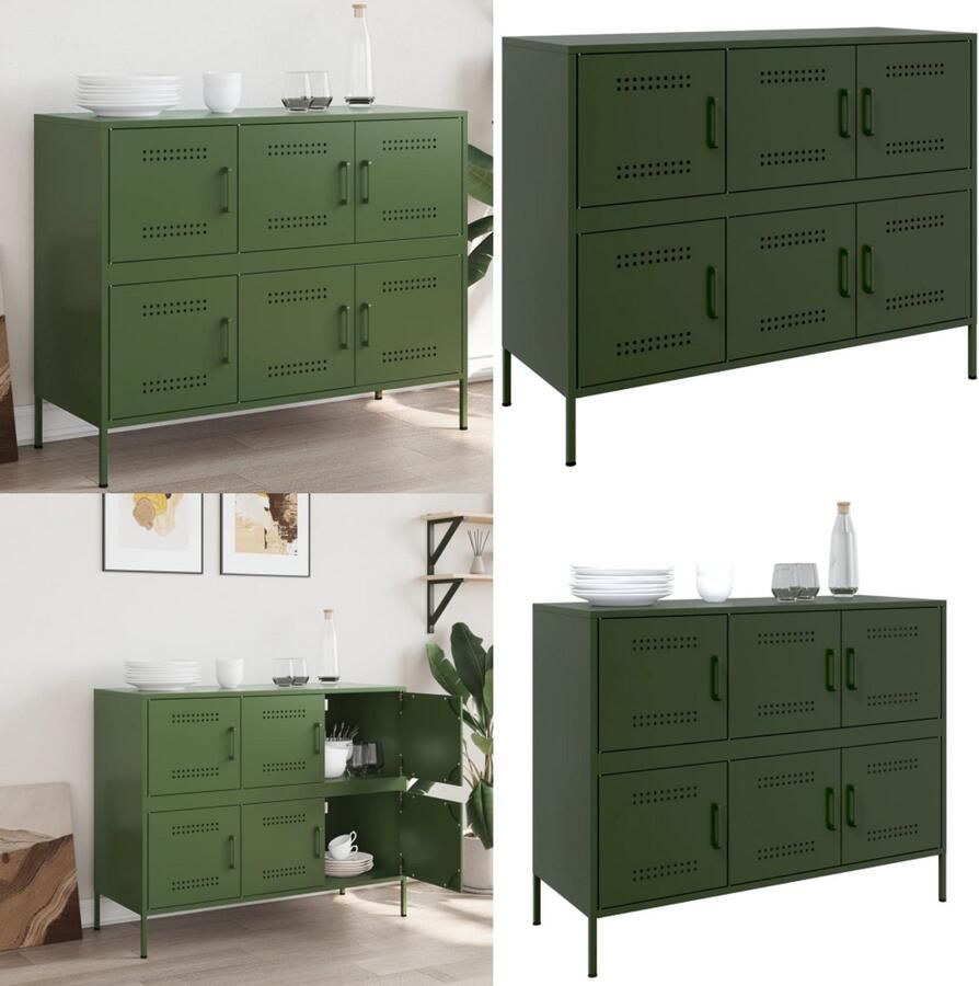VidaXL Dressoir 100 5x39x79 cm staal olijfgroen Dressoir Dressoirs Opbergkast Wandkast