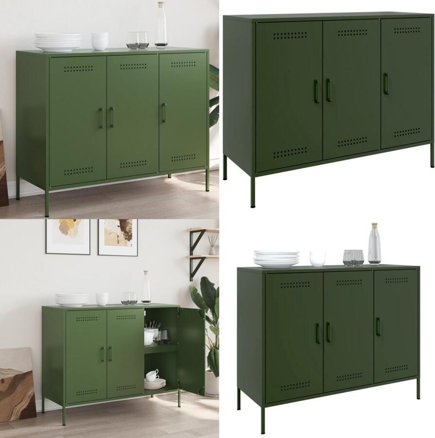 VidaXL Dressoir 100 5x39x79 cm staal olijfgroen Dressoir Dressoirs Opbergkast Wandkast