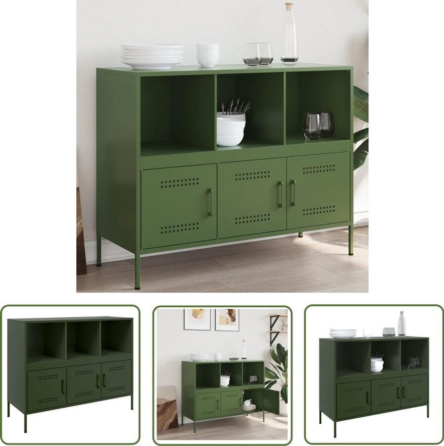 The Living Store Dressoir 100 5x39x79 cm staal olijfgroen Industriele Dressoir Industrieel Buffetkast Houten Dressoir Vintage Dressoir Salontafel
