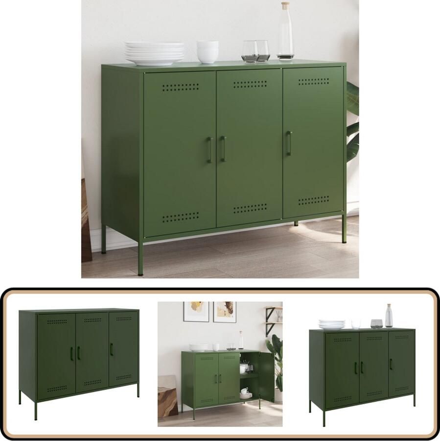 VidaXL Dressoir Staal Olijfgroen 100 5x39x79 cm Industriële Stijl Dressoir Buffetkast Opbergkast Metalen Kast