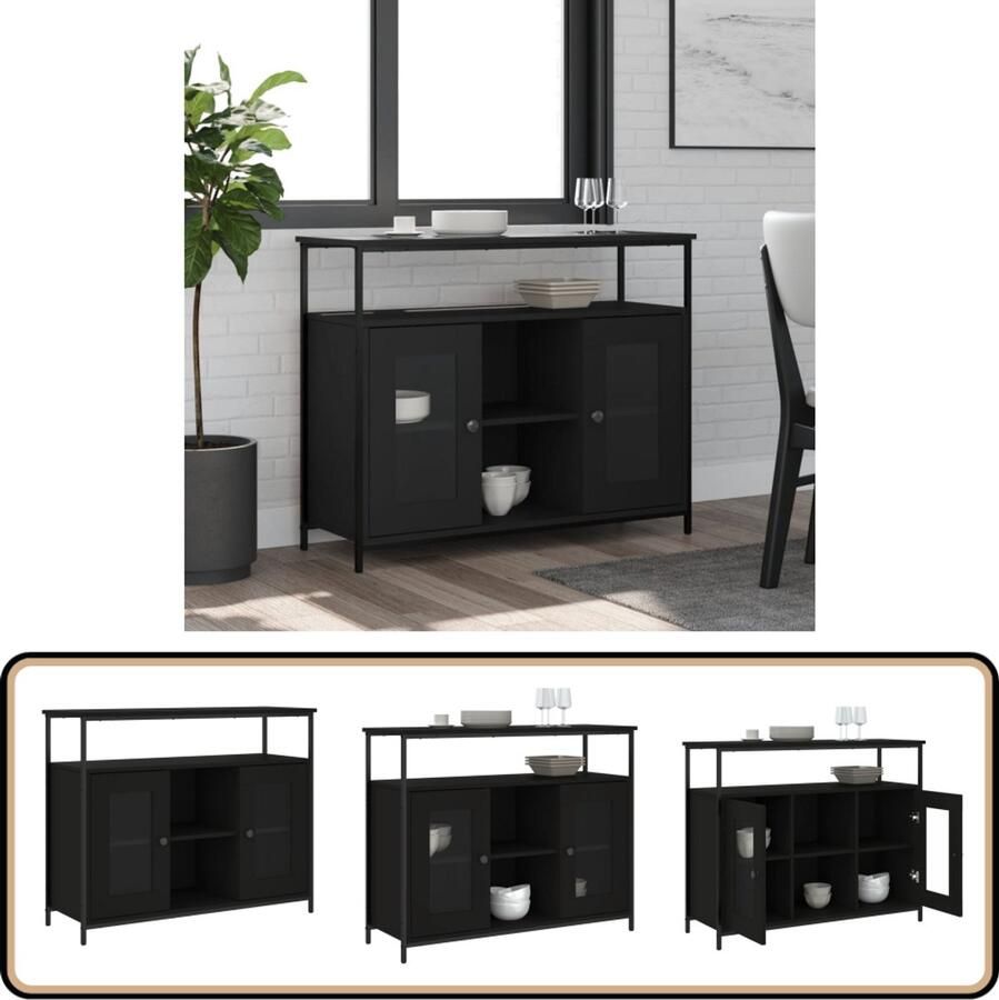 VidaXL Dressoir Zwart 100x35x80 cm Bewerkte Houtstijl Dressoir Commode Opbergkast Houten Dressoir Zwart Dressoir