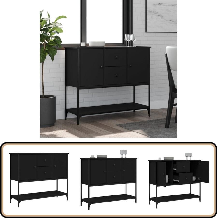 VidaXL Dressoir Zwart Bewerkt Hout en Staal 100x36x85 cm Dressoir Commode Zwarte Dressoir Houten Dressoir Opbergkast