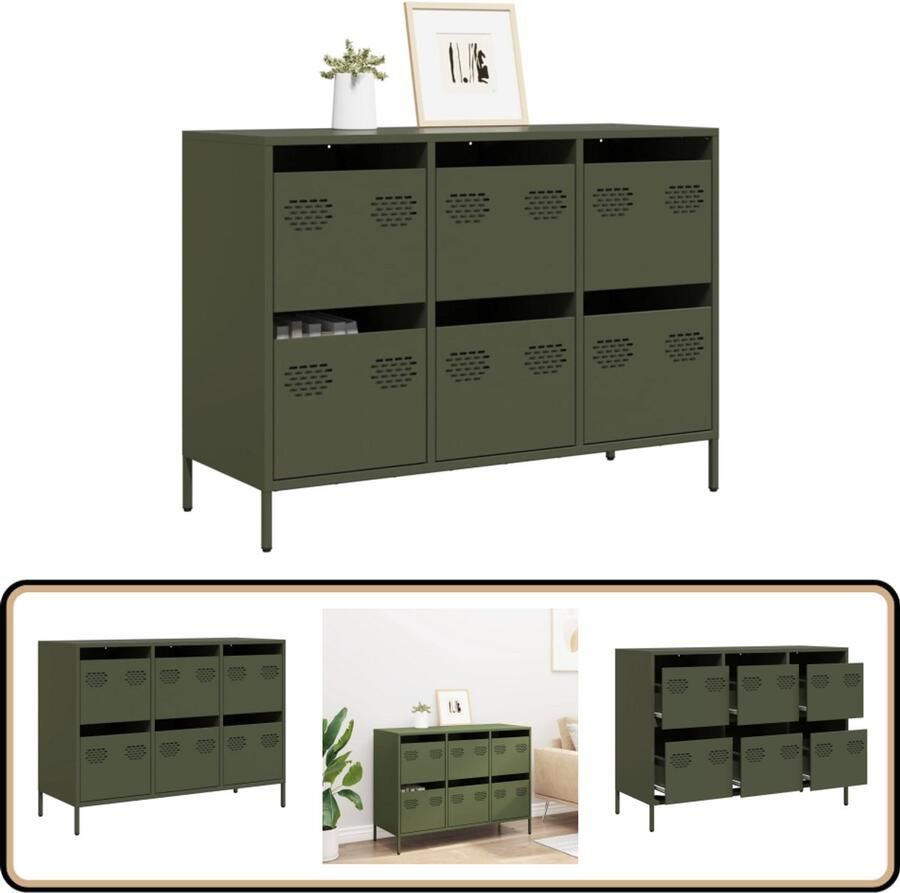VidaXL Dressoir Olijfgroen 6 Lades Stalen Design Dressoir Commode Opbergmeubel Slaapkamer Woonkamer