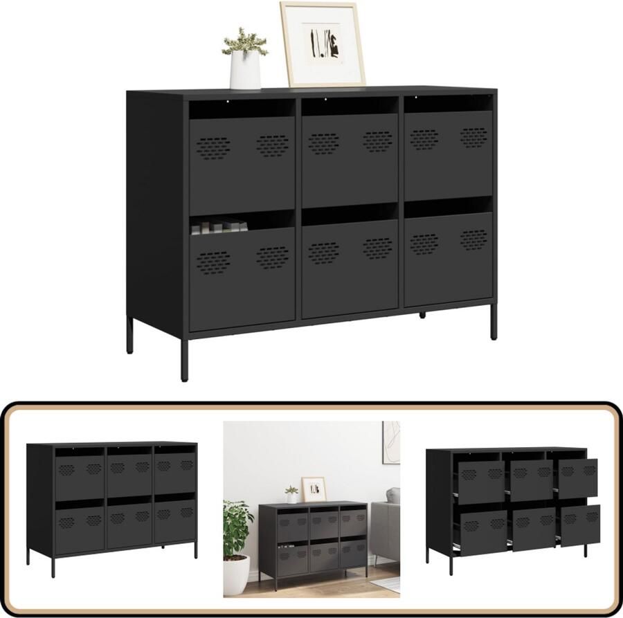 VidaXL Dressoir 6 Lades Koudgewalst Staal Zwart Dressoir Commode Opbergmeubel Slaapkamer Woonkamer