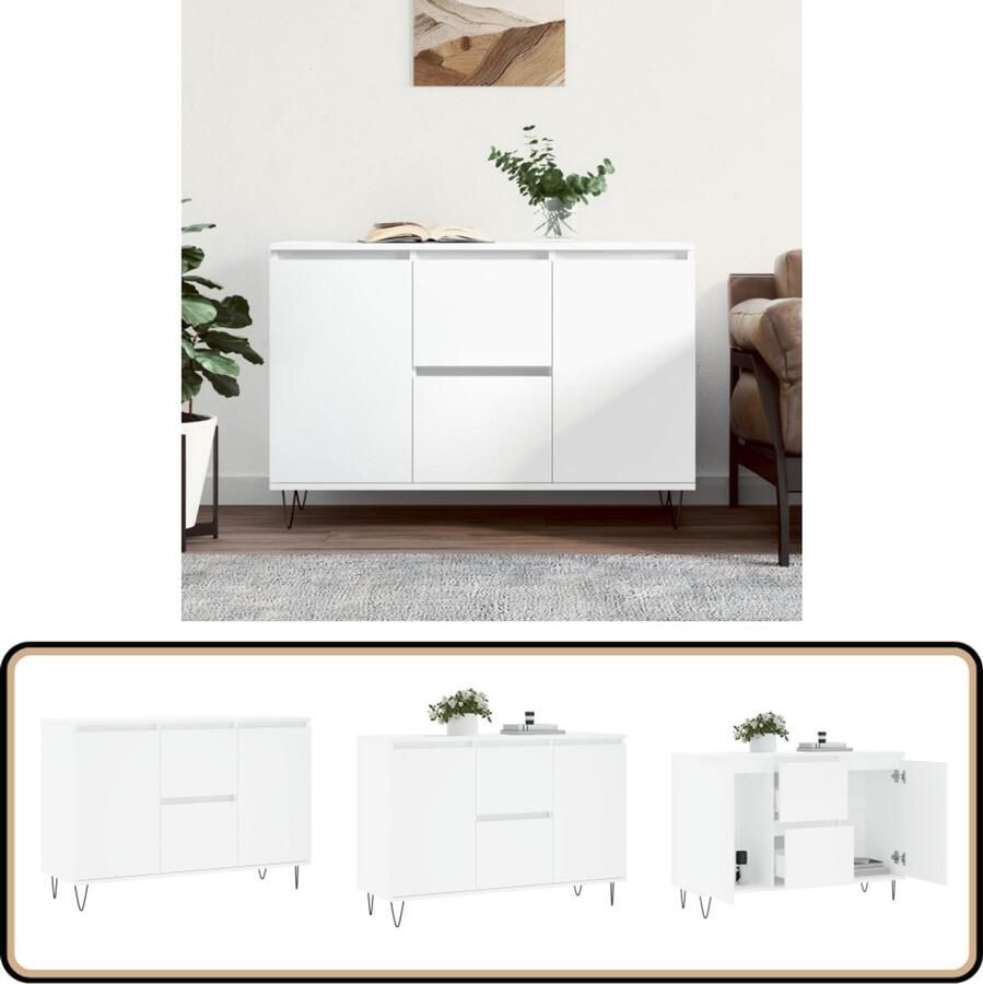VidaXL Dressoir 104x35x70 cm Bewerkt hout Wit Dressoir Buffetkast Witte Kast Houten Dressoir Opbergkast - Foto 3