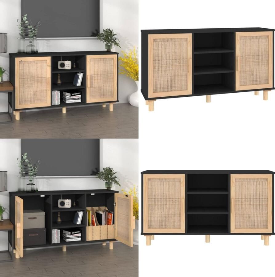 The Living Store Dressoir 105x30x60 cm massief grenen hout en rattan zwart Dressoir Zwarte Dressoirs Salontafel Tv-stand Opbergkasten - Foto 2