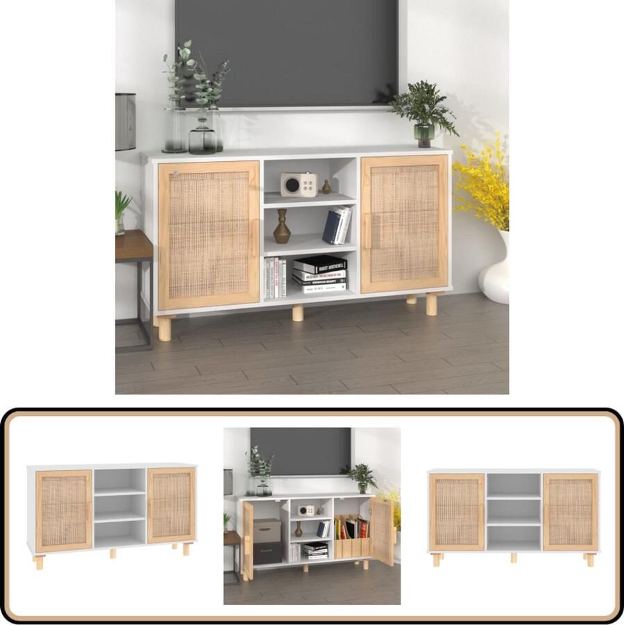 The Living Store Dressoir 105x30x60 cm massief grenenhout en rattan wit Dressoir Commode Opbergkast Woonkamerinrichting Slaapkamerinrichting