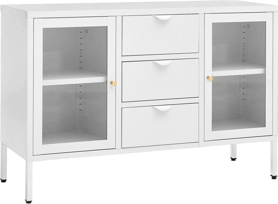 The Living Store Dressoir 105x35x70 cm staal en gehard glas wit Dressoir Meubels Voor Woonkamer Vitrinekast Tv-stand Opbergkasten - Foto 2