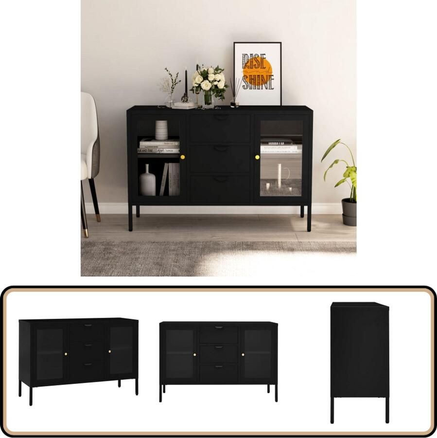VidaXL Dressoir Staal & Glas Zwart 105x35x70 cm Dressoir Tv-meubel Opbergkast Salontafel Livingroom Furniture