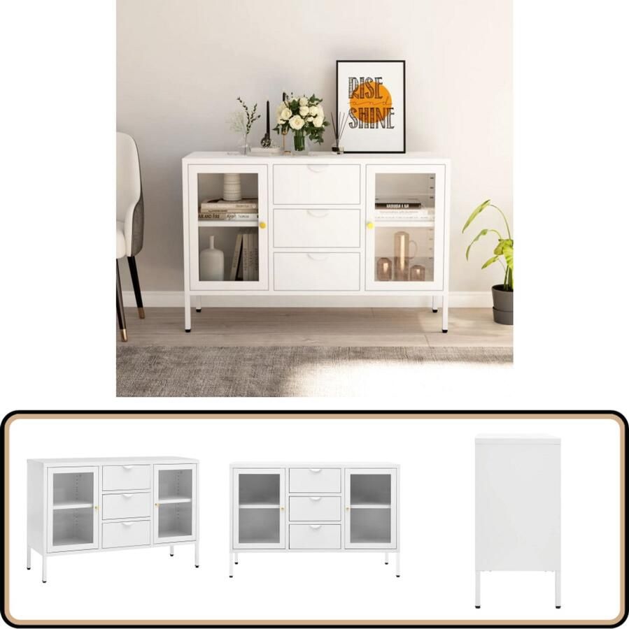 VidaXL Dressoir 105x35x70 cm Staal en Glas Wit Dressoir Meubels Voor Woonkamer Vitrinekast Tv-stand Opbergkasten - Foto 2