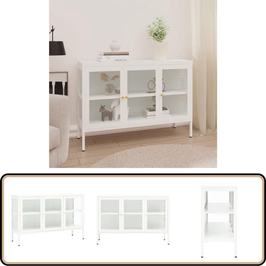 VidaXL Dressoir Wit Staal en Glas 105x35x70 cm Opbergkast Dressoir Staal Kast Witte Kast Salontafel