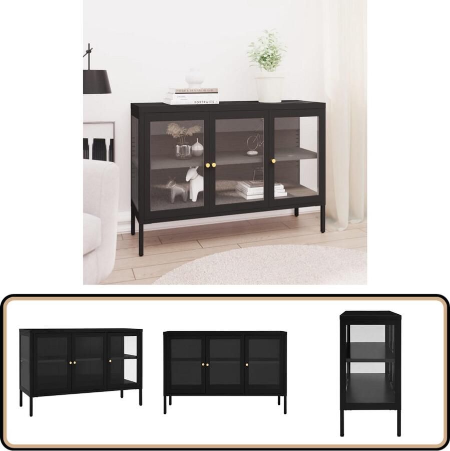 VidaXL Dressoir 105x35x70 cm Staal en Glas Zwart Dressoir Opbergkast Tv-meubel Salontafel Modern Dressoir