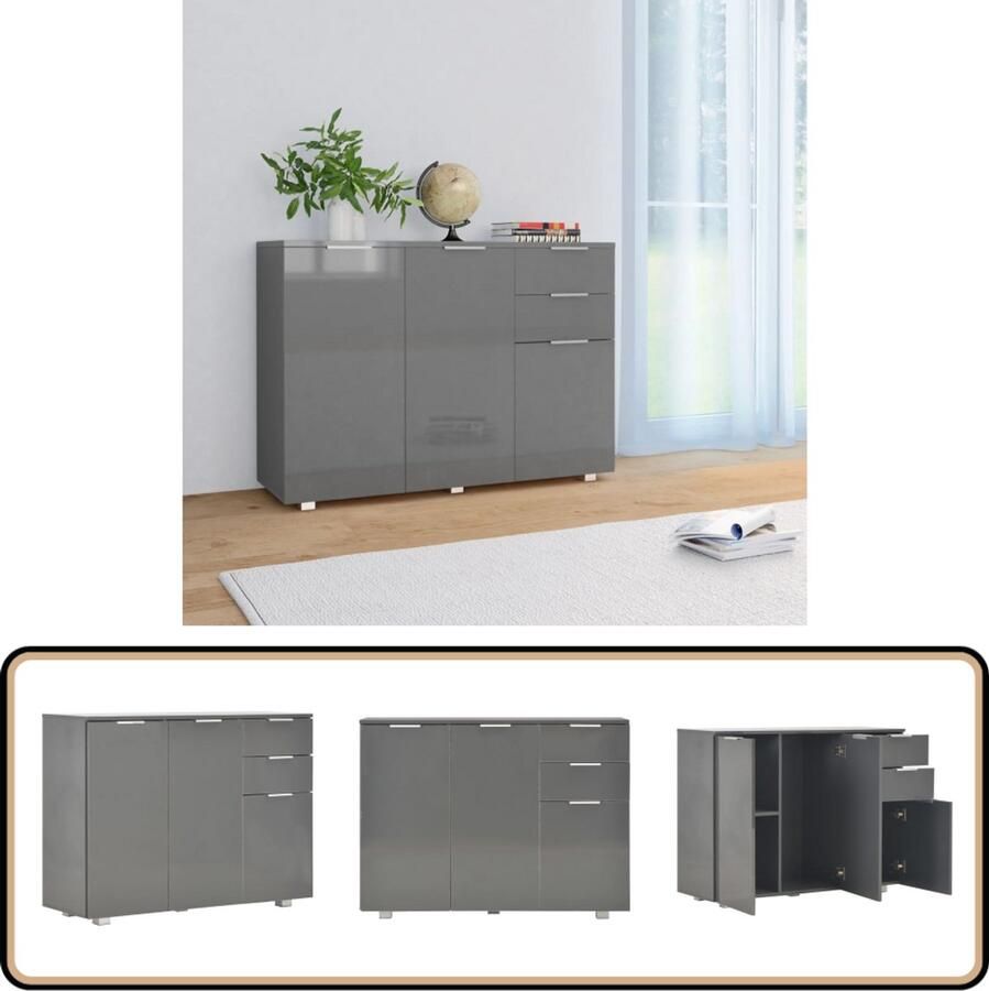 VidaXL Dressoir Hoogglans Grijs 107x35x80 5 cm Dressoir Kast Opbergmeubilair Hoogglans Wit