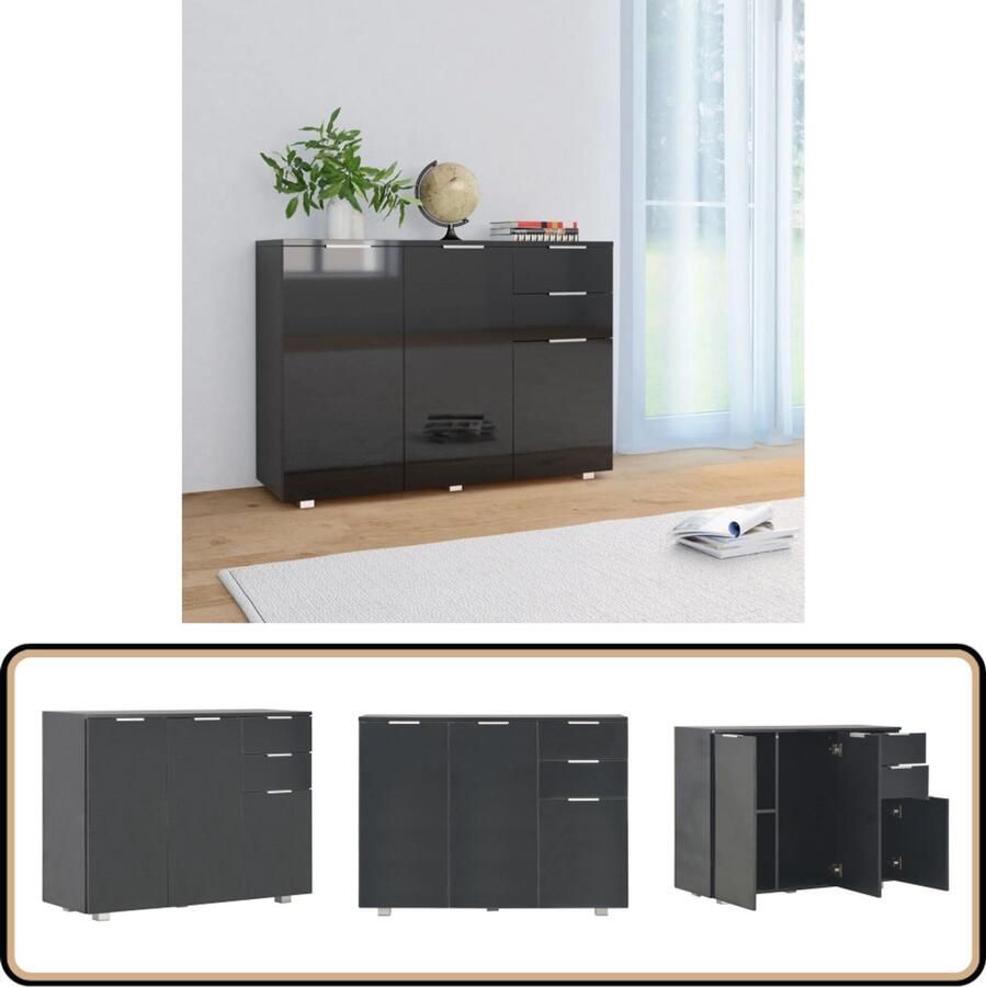 VidaXL Dressoir Hoogglans Zwart met 2 Lades Dressoir Zwarte Kast Opslagoplossing Salontafel Livingroom Furniture