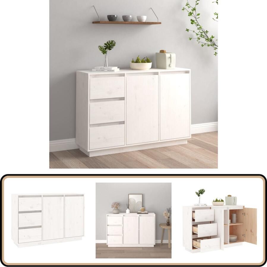 VidaXL Dressoir Wit Massief Grenen 111x34x75 cm Wandkast Grenoble Hout Dressoir Opbergkast Meubels