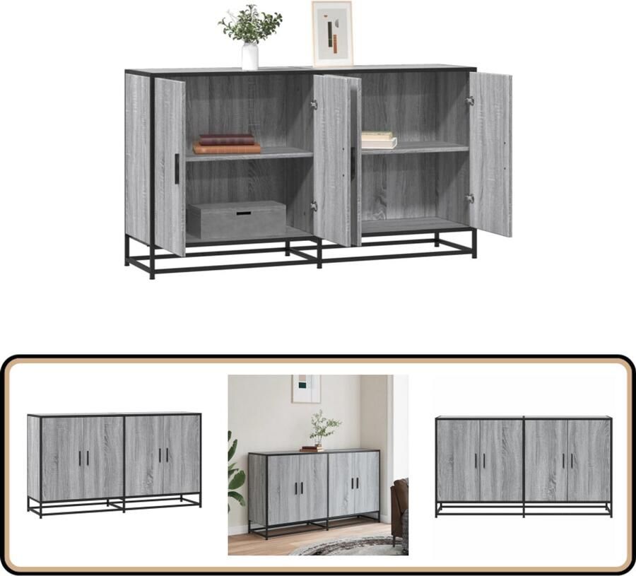 The Living Store Dressoir 134x35x76 cm bewerkt hout grijs sonoma eikenkleurig Dressoir Kast Opbergkast Salontafel Industrieel - Foto 2