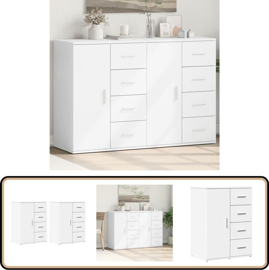 The Living Store Dressoirs 2 st 59x39x80 cm bewerkt hout wit Dressoir Opbergkast Houten Dressoir Wit Dressoir Salontafel - Foto 2