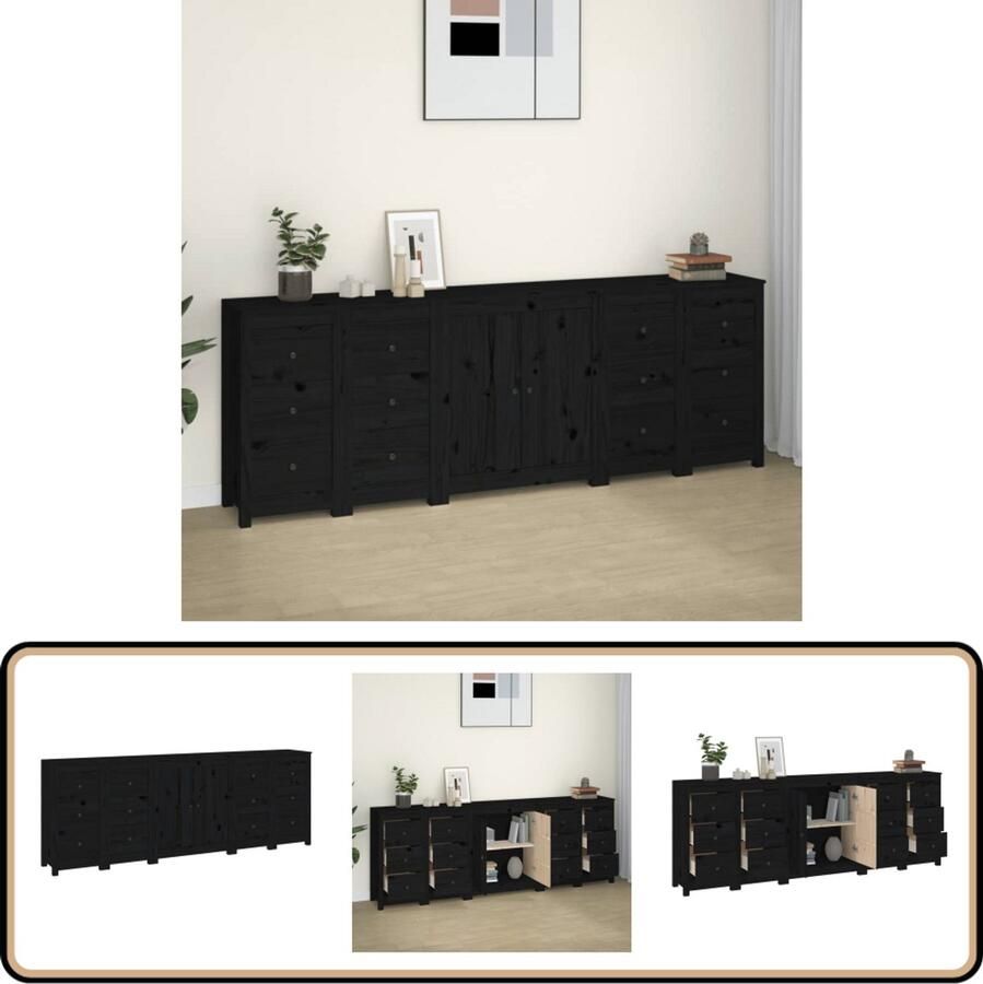VidaXL Dressoir Massief Grenenhout Zwart 230 cm Dressoir Houten Dressoir Grenoble Hout Zwarte Dressoir Opbergmeubel