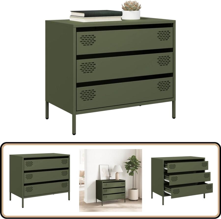 VidaXL Dressoir 3 Lades Olijfgroen Staal 68x39x58 5 cm Dressoir Bijzettafel Opbergkast Salontafel Metaaldressing