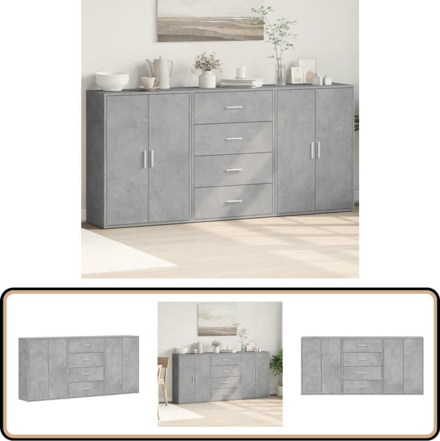 VidaXL Dressoir 3 Stuks Bewerkt Hout Betongrijs Dressoir Opbergkast Houten Dressoir Beton Grijs Dressoir Tv Meubel