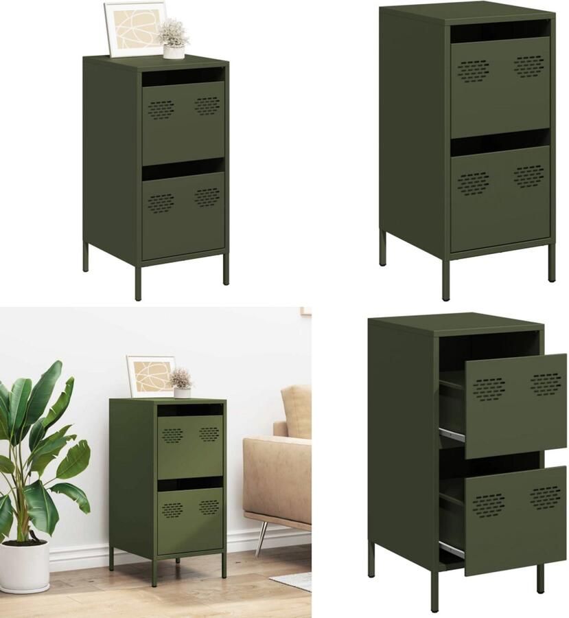 VidaXL Dressoir 35x39x73 5 cm koudgewalst staal olijfgroen Dressoir Dressoirs Opbergkast Buffet