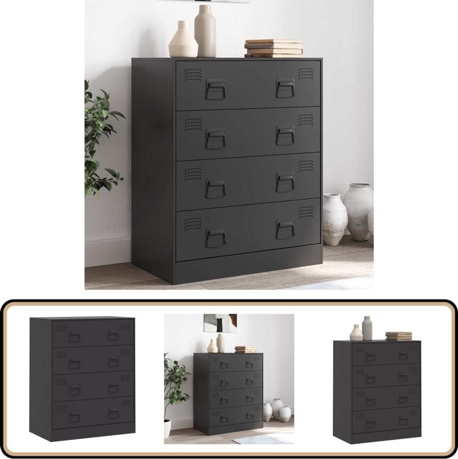 VidaXL Dressoir 4 lades staal zwart 67x39x83 cm Televisiekast Tv-meubel Dressoir Opbergkast Industrieel Design