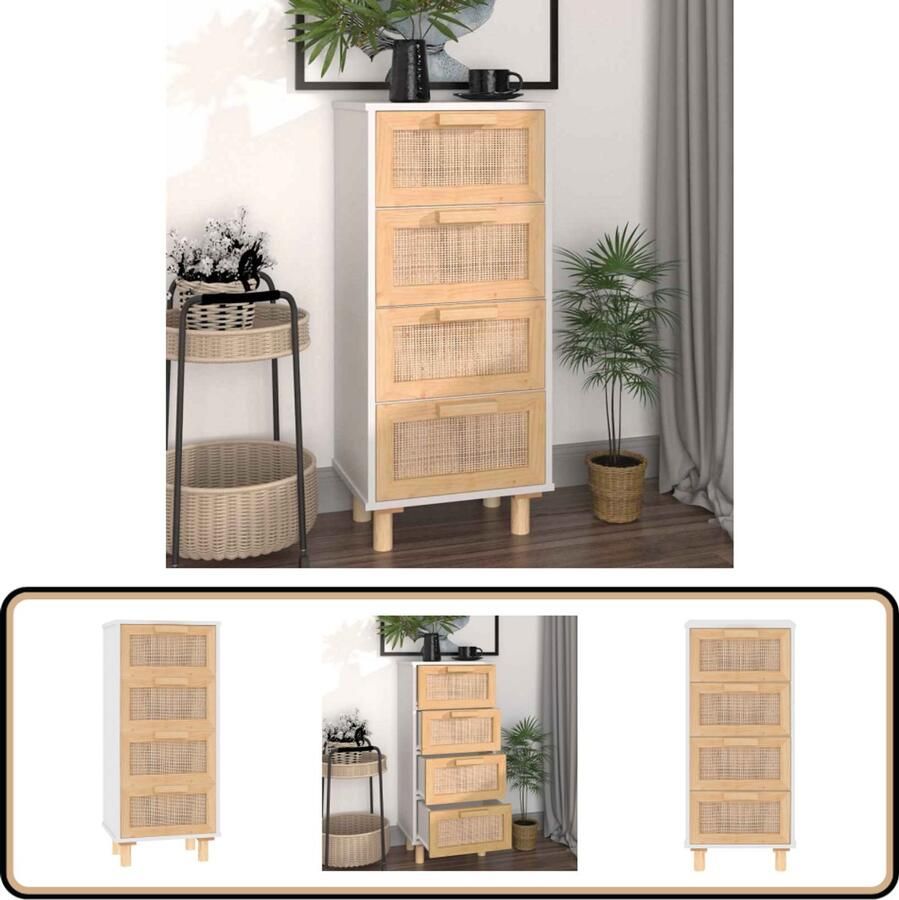 The Living Store Dressoir 40x30x90 cm massief grenenhout en rattan wit Dressoir Commode Kast Opbergmeubel Salontafel
