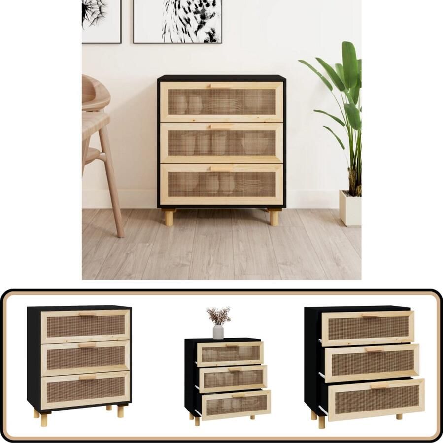 VidaXL Elegant zwart dressoir van hout en rattan Dressoir Commode Opbergkast Salontafel Livingroom Furniture