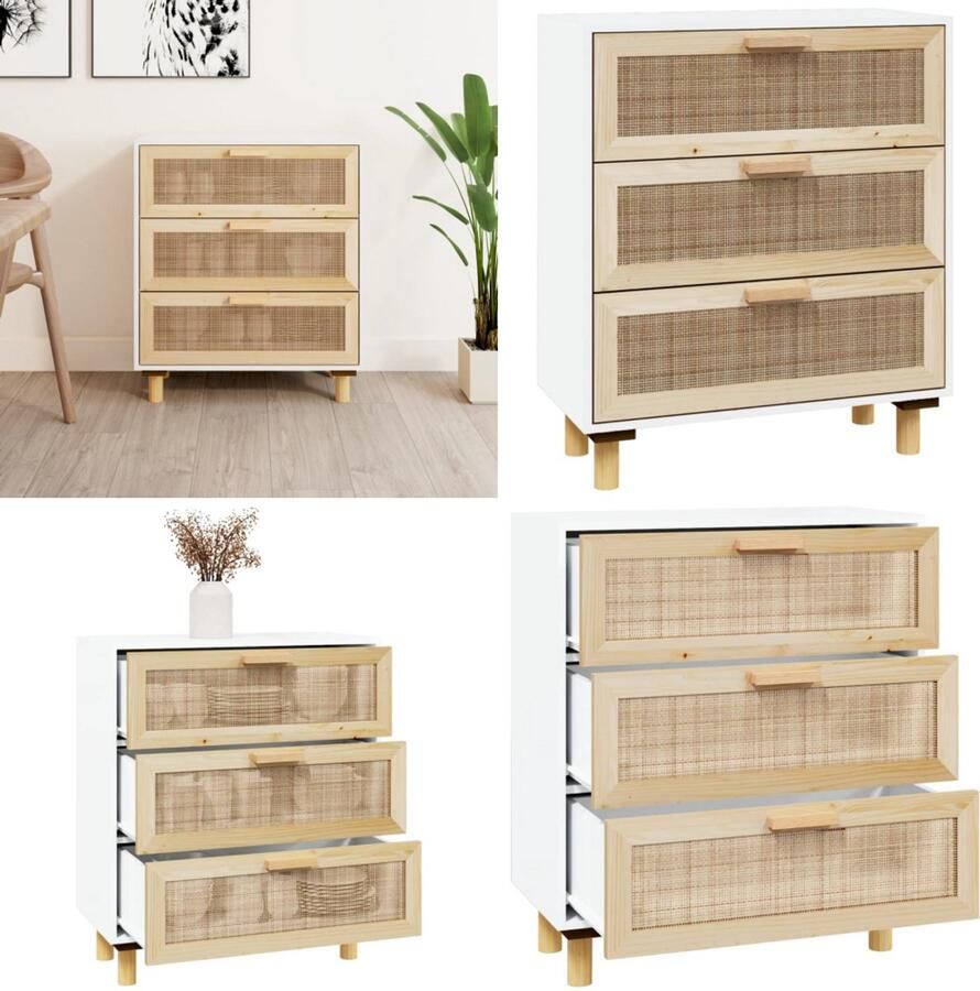 VidaXL Dressoir 60x30x70 cm massief grenenhout en rattan wit Dressoir Dressoirs Kast Wandkast
