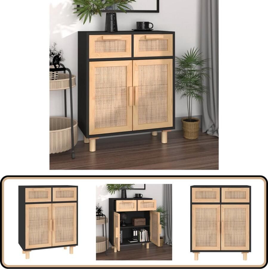 VidaXL Dressoir Zwart 60x30x75 cm Hout & Rattan Dressoir Commode Zwarte Kast Salontafel Woonkamermeubilair