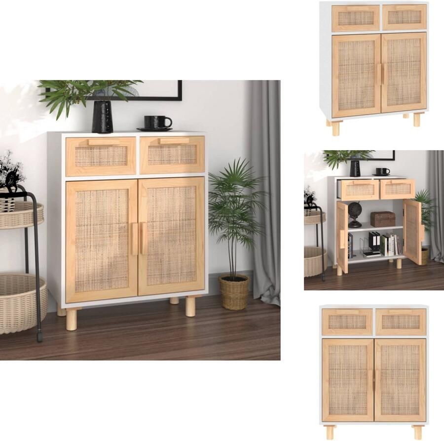 VidaXL -Dressoir-60x30x75-cm-massief-grenenhout-en-rattan-wit - Foto 2
