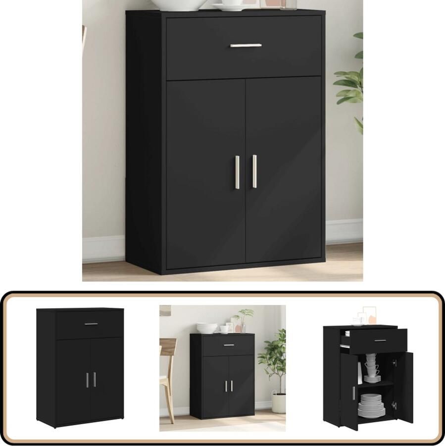 The Living Store Dressoir 60x30x84 cm bewerkt hout zwart Televisie Kast Tv Meubel Houten Kast Zwarte Kast Opbergkast