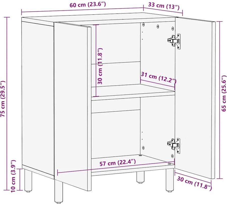 VidaXL Dressoir 60x33x75 cm massief mangohout bruin - Foto 2
