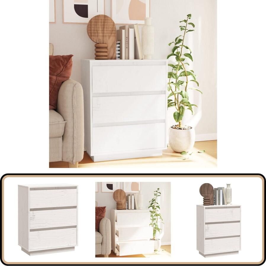 VidaXL Dressoir 60x34x75 cm Wit Massief Grenenhout Dressoir Bijzettafel Grenshouten Meubilair Witte Kast Salontafel - Foto 2