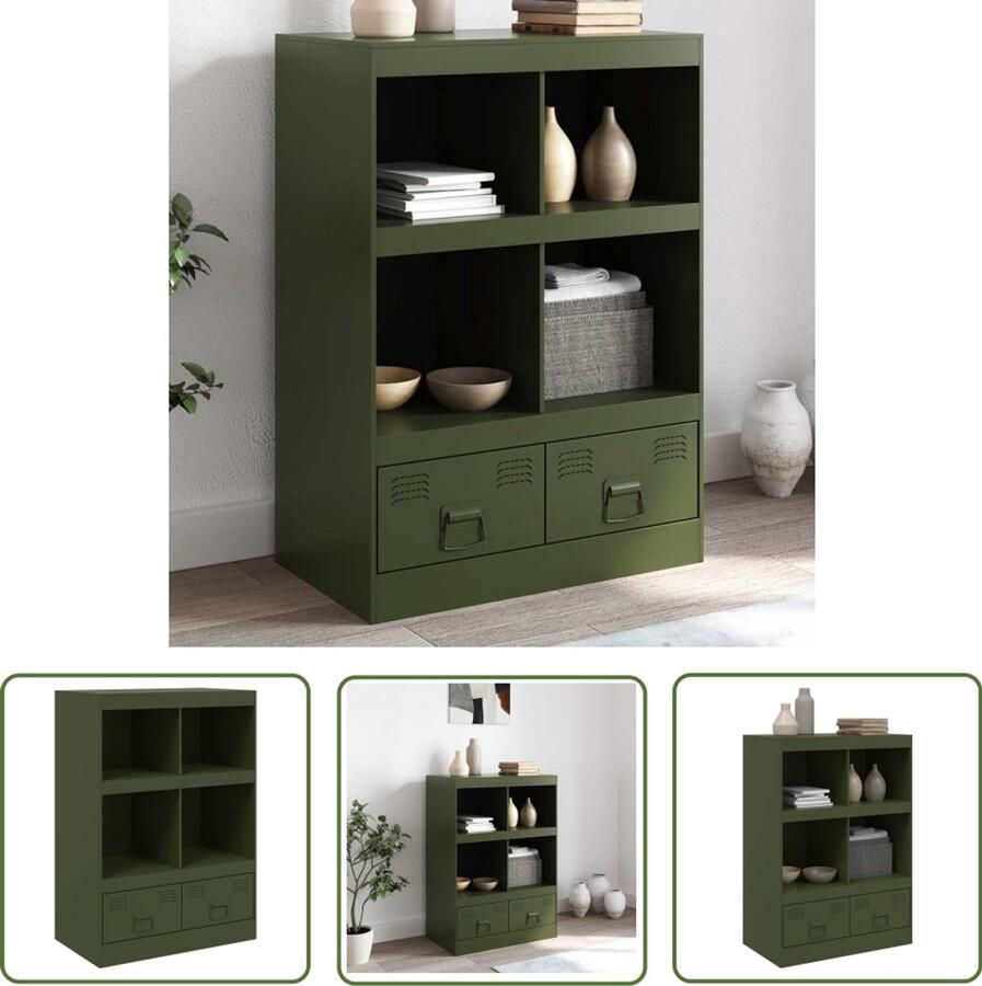 The Living Store Dressoir 67x39x95 cm staal olijfgroen Hoge Kast Dressoir Olijfgroene Kast Staalkast Opbergkast