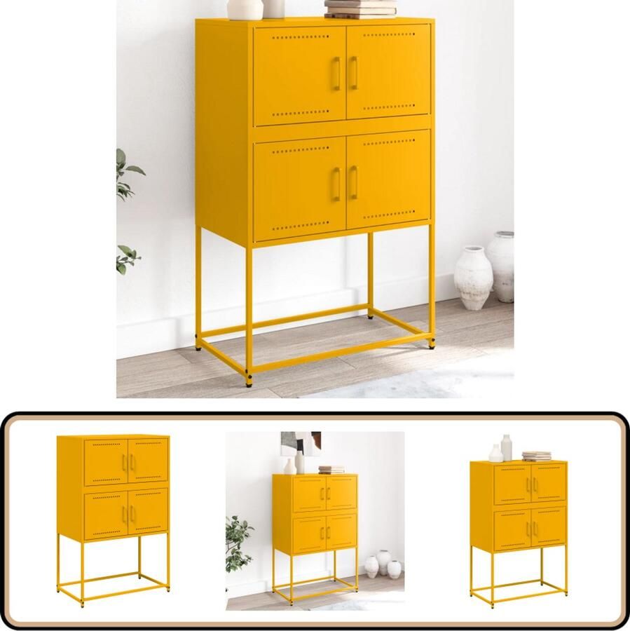 VidaXL Dressoir 68 5x38 5x107 cm Staal Mosterdgeel Industrieel Dressoir Robuust Metalen Dressoir Vintage Dressoir Mustard Yellow Furniture Opbergdressoir