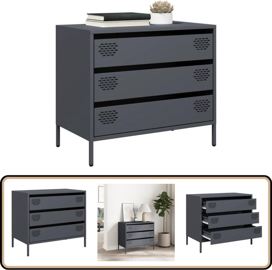 VidaXL Dressoir 68x39x58 5 cm 3 lades Antraciet Dressoir Metaaldresser Opbergmeubel Bijzettafel Slaapkamermeubilair