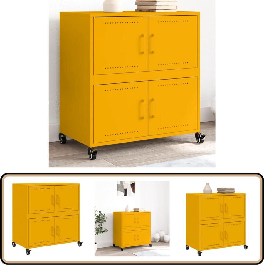 VidaXL Dressoir Staal Mosterdgeel 68x39x72 cm Dressoir Staaldresser Mustard Yellow Furniture Vintage Dresser Modern Storage