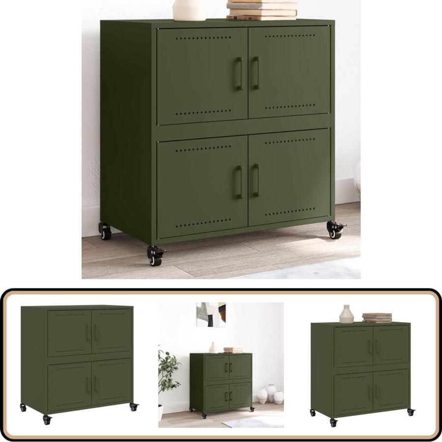VidaXL Dressoir 68x39x72 cm Staal Olijfgroen Dressoir Vintage Dressoir Industriële Dressoir Metalen Dressoir Olijfgroene Dressoir
