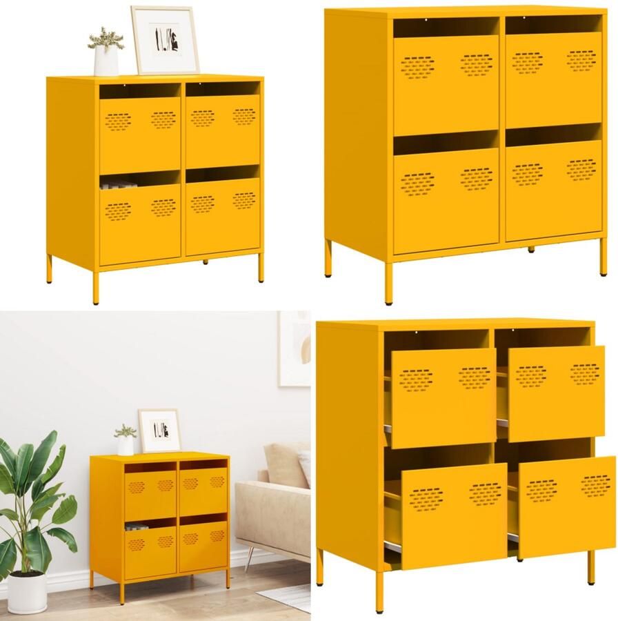 VidaXL Dressoir 68x39x73 5 cm koudgewalst staal mosterdgeel Dressoir Dressoirs Opbergkast Buffet