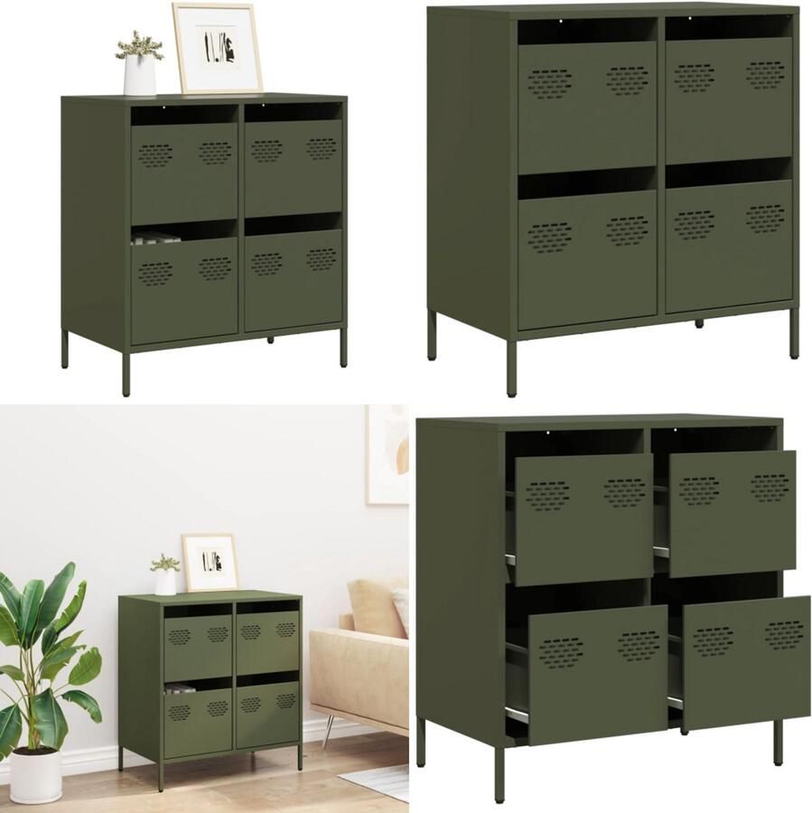 VidaXL Dressoir 68x39x73 5 cm koudgewalst staal olijfgroen Dressoir Dressoirs Opbergkast Buffet - Foto 2