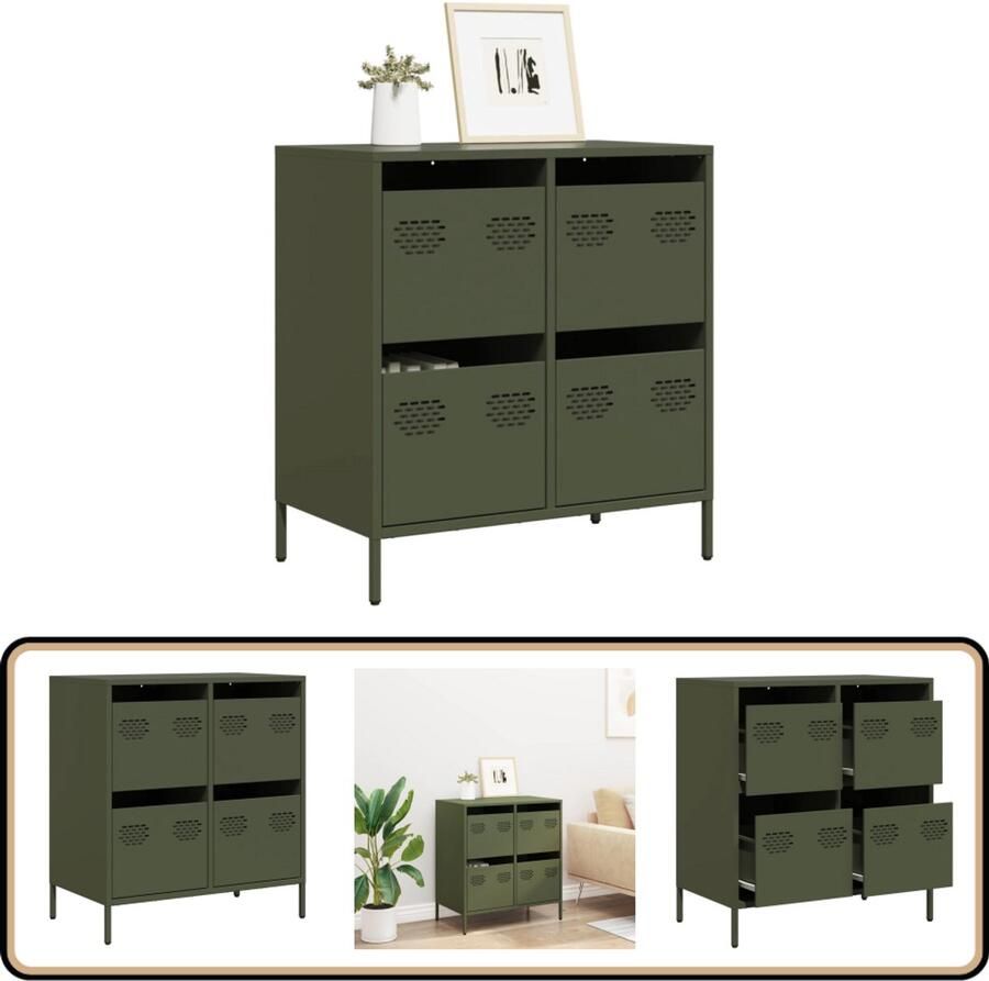 VidaXL Dressoir 68x39x73 5 cm Koudgewalst Staal Olijfgroen Dressoir Commode Opbergmeubel Metaaldressing Industrieel Design