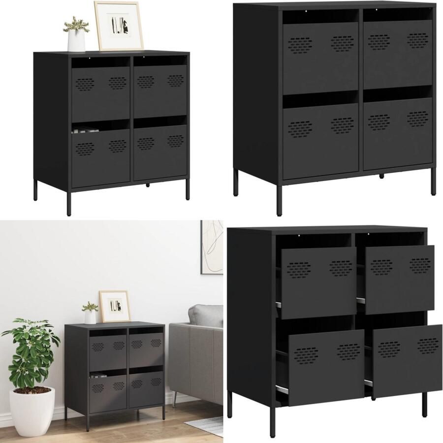 VidaXL Dressoir 68x39x73 5 cm koudgewalst staal zwart Dressoir Dressoirs Opbergkast Buffet - Foto 2